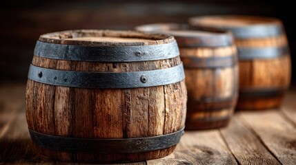 Fototapeta premium Rustic wooden barrels with metal bands on a wooden surface