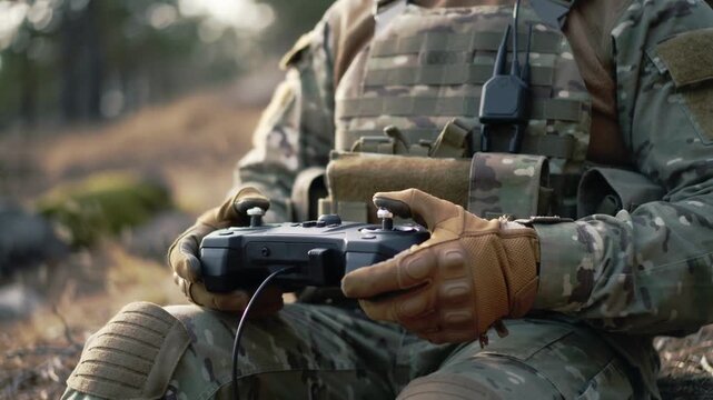 Military man monitoring drone using joystick panel - Control, surveillance and technology concept - Model by AI generative