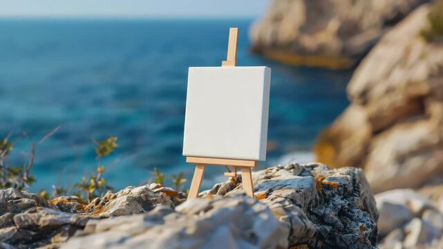 An empty easel set up on a rocky shoreline overlooking the ocean.