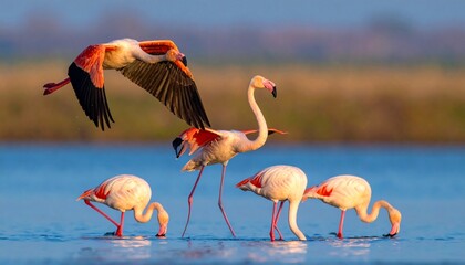 A group of flamingos wading in a tropical pond during the day  © fifthplanet