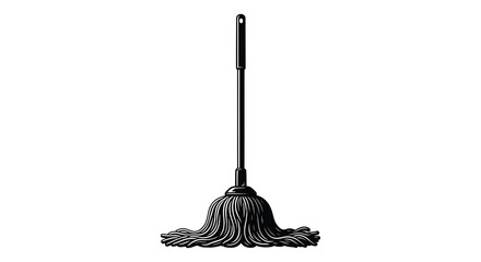 A striking black silhouette of a traditional floor mop with a long handle and frayed bristles silhouette high quality professional detailed © ArtBySalea07