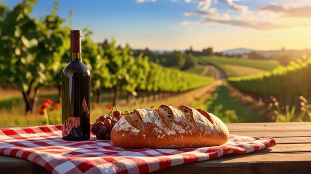 Fresh bread and red wine on a picnic table in a vineyard, creating a rustic countryside dining scene under warm sunlight.