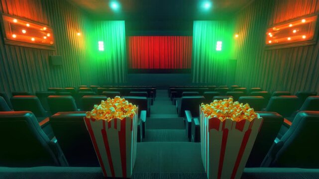 A classic cinema setting with red curtain and empty seats, ready for the audience