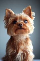 Fototapeta premium Charming Yorkshire Terrier with Expressive Eyes Gazing Intently in a Clean Studio Background