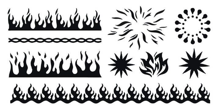 Black flame designs and decorative elements arranged on a white background