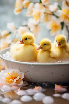 cute yellow ducklings sitting in bowl with water and spring flowers
