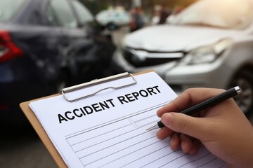 Accident report form after car crash. Report crash documentation process. Insurance claim registration concept. Recording traffic accident damage. Legal evidence for insurance case. 
