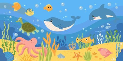 Colorful underwater scene featuring dolphins fish turtle and octopus © Roni