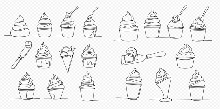 Continuous line drawing of various ice cream desserts, including soft serve, scoops, and sundaes, in cups and cones, with spoons and a scooper.