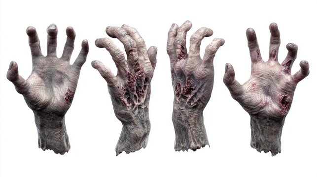 Creepy zombie hands with exposed flesh and veins against a white background.