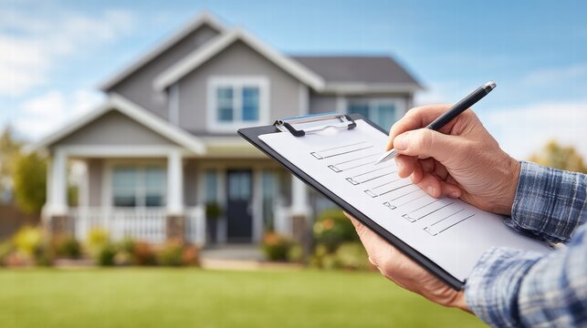 Home inspection with a checklist in front of a house.