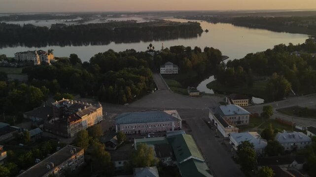 Dawn Aerial Panorama of Uglich Kremlin, Golden Ring of Russia. A beautiful view of the Volga River at sunrise.