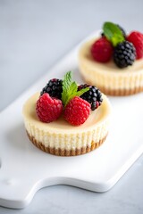 Delicious mini cheesecakes topped with blackberries and raspberries garnished with fresh mint leaves