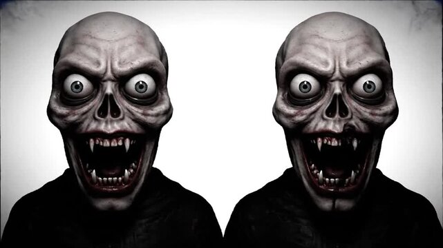 Twin, grotesque zombie heads with gaping mouths and long fangs, on a white background