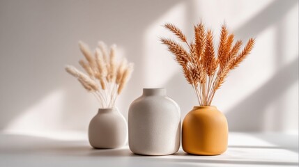 Naklejka premium Elegant vases with dried wheat and pampas grass on a white surface