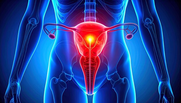 "Medical illustration of female reproductive system highlighting uterus in red with fallopian tubes and ovaries against blue skeletal torso."
