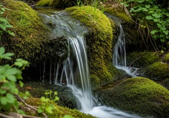 Serene moss-covered waterfall cascading through a forest