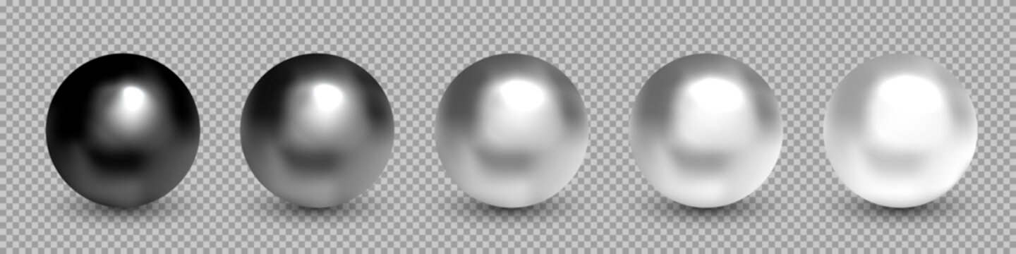 Metal balls. 3D silver metallic spheres with reflections and shadows. Shiny reflective beads of smooth gradients from chrome to dark steel. Bullet, pearl, crystal. Realistic vector illustration.
