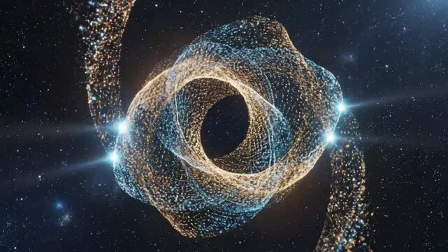 Abstract cosmic animation of a toroidal structure with orbiting particle streams and twinkling stars, space exploration concept