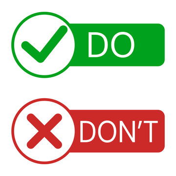 Do and do not icon set vector isolated. Illustration of simple green and red symbols of good and bad behavior. Correct and wrong. Positive and negative action. Tick and cross.