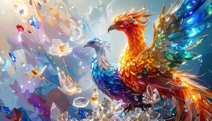 Obraz premium Two majestic mythical phoenix birds with vibrant jewel-like feathers in a magical ethereal setting.