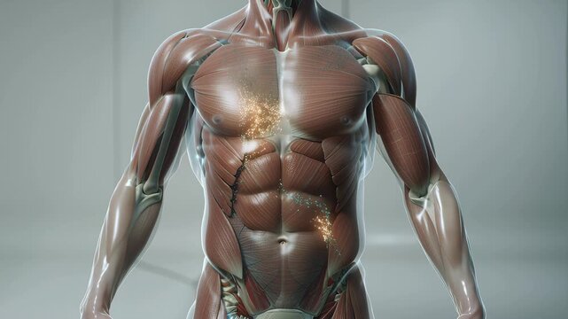 3D male torso shows muscle activation in pectorals and core; glowing zones indicate contraction during breathing or resistance; transparent skin layer reveals fascial connections.