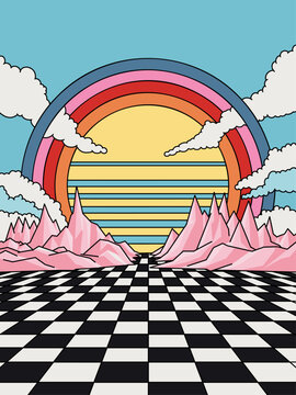 Dreamy Rainbow with Bright Sun Over Checkered Floor in Light Blue Sky Background with Clouds and Geometrical Mountains. Abstract Whimsical Fantasy Vector Illustration Scene. Surreal Landscape Concept