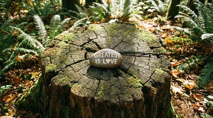 Top of old tree stump with greatest is love rock