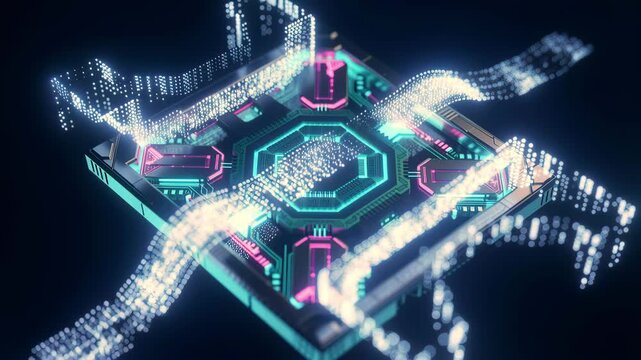 Holographic chip network displays core hexagon, radial channels and quantum tunneling paths; pink and cyan light pulses represent electron flow; network model for AI accelerator or computing concepts.