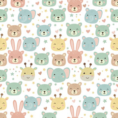 Obraz premium Whimsical pattern of pastel animal heads, hearts, and stars. Perfect for nursery textiles, baby shower gifts, and children's stationery.
