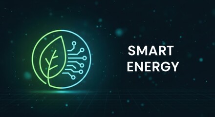 Fototapeta premium Smart energy concept with glowing leaf and circuit board on dark background