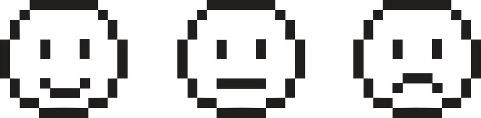 Pixel Art Emoji Set - Retro 8-Bit Happy Neutral and Sad Face Icons for Feedback Rating and Game UI Design Vector
