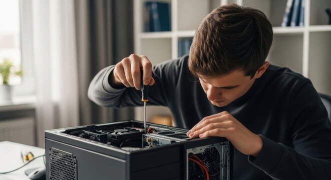A young man repairing a computer in a modern home office setting