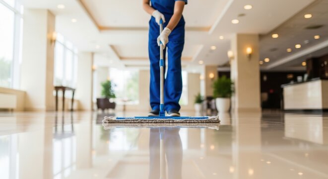 A janitor in blue uniform cleaning a shiny floor with a mop in a large lobby area