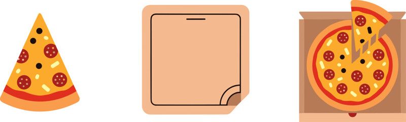 Vector illustration of a slice of pizza, a blank square, and a whole pizza in a box