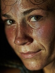 Obraz premium Portrait of a female fighter after impact, heavy swelling around eyes, flushed skin, hair stuck to face with sweat, smiling softly, raw flash photography, beauty through endurance