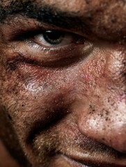 Obraz premium Close-up portrait of a boxer after a fight, swollen eye, bruised cheek, sweat dripping, dirt on skin, subtle smile, eyes alive, raw studio lighting, hyper detailed skin texture, resilience
