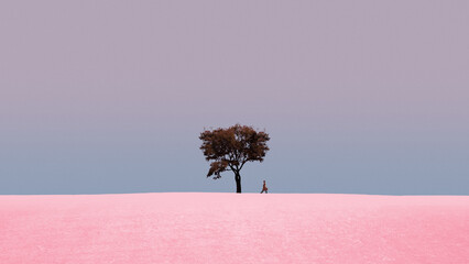 Abstract design man near solitary tree on pastel landscape. Concept of emotional distance, calm isolation, environmental metaphor, creative branding, editorial design and visual storytelling use. © master1305