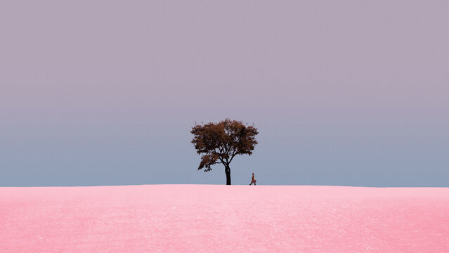 Abstract design man near solitary tree on pastel landscape. Concept of emotional distance, calm isolation, environmental metaphor, creative branding, editorial design and visual storytelling use.