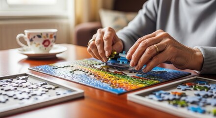 Fototapeta premium Person working on a colorful jigsaw puzzle with many pieces on a table indoors