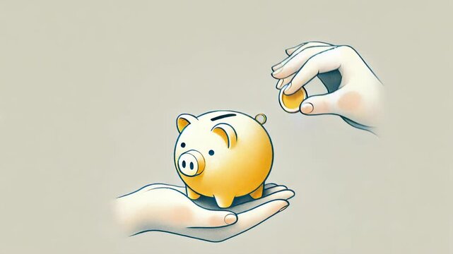 ブタの貯金箱にコインを入れる手