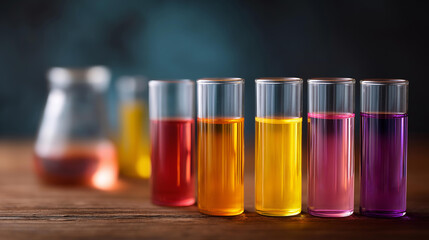 Colorful liquids in test tubes display, chemical reagent arrangement, laboratory specimen collection, scientific experimentation samples, vibrant solutions showcase, rainbow chemis