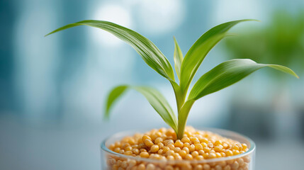 Genetically modified seed in laboratory setting, biotechnology research specimen, agricultural science innovation, plant genetic engineering, molecular crop development, defocused