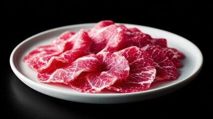 Thinly sliced raw beef on a white plate against a black background.
