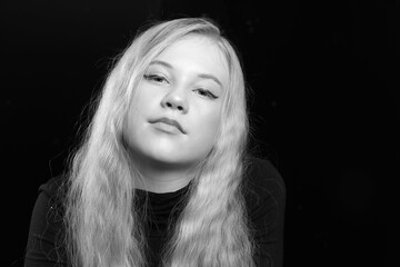 Confident Preteen Girl in Black and White Portrait