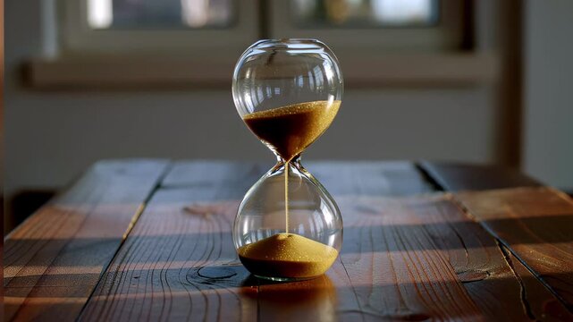 Hourglass on wooden table sand flowing steadily from top to bottom chamber. Natural light casts diagonal shadows Footage for time tracking apps, focus tools corporate training on deadline management.