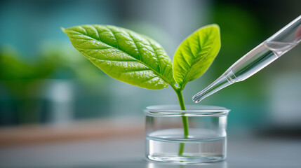 Biotechnology research with precision micropipette transferring liquid to test tube with green leaf, plant science investigation, botanical analysis technique, defocused laboratory