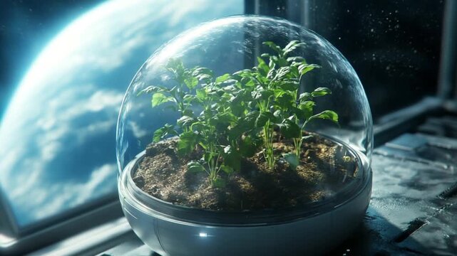 A small green plant grows in a glass dome on a space station with a view of Earth through the window.