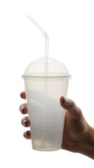 Hand holding clear plastic cup with straw isolated on transparent background