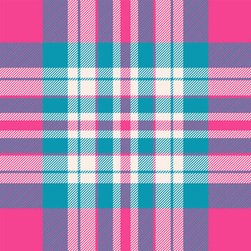 Equal textile texture seamless, show plaid pattern fabric. Nostalgic background tartan check vector in pink and cyan colors.